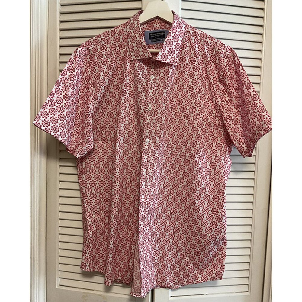 Mens Modern English Short Sleeve Shirt XL 17.5 Modern Fit White with Red Pattern